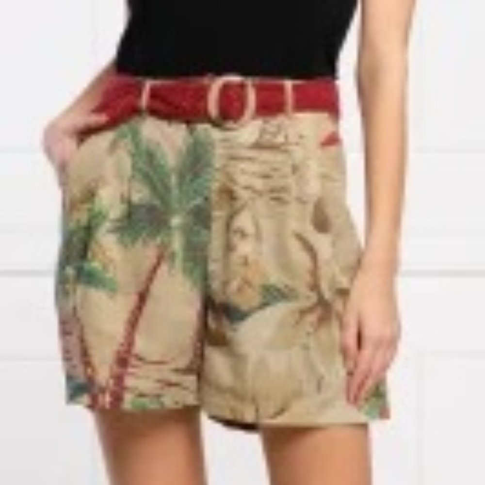Women's Desigual Red Brown Relaxed High Waist Shorts Tropical Print Size S